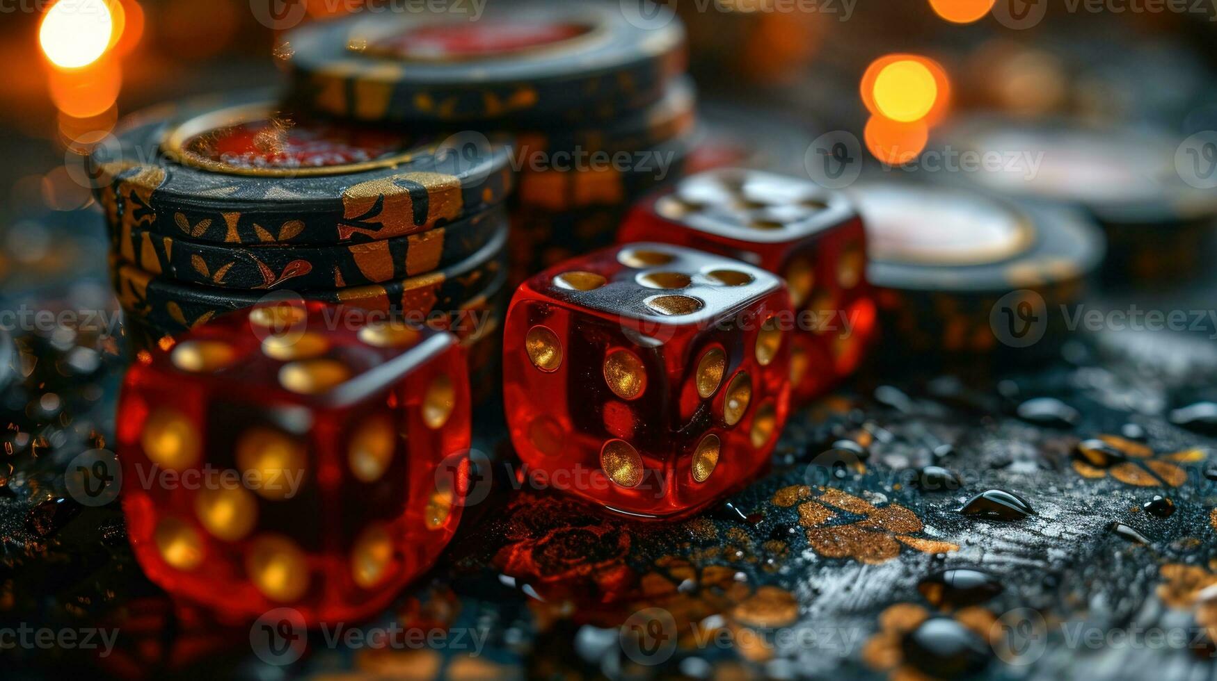 ai gegenereerd rood en zwart casino chips Aan een donker achtergrond met bokeh. foto