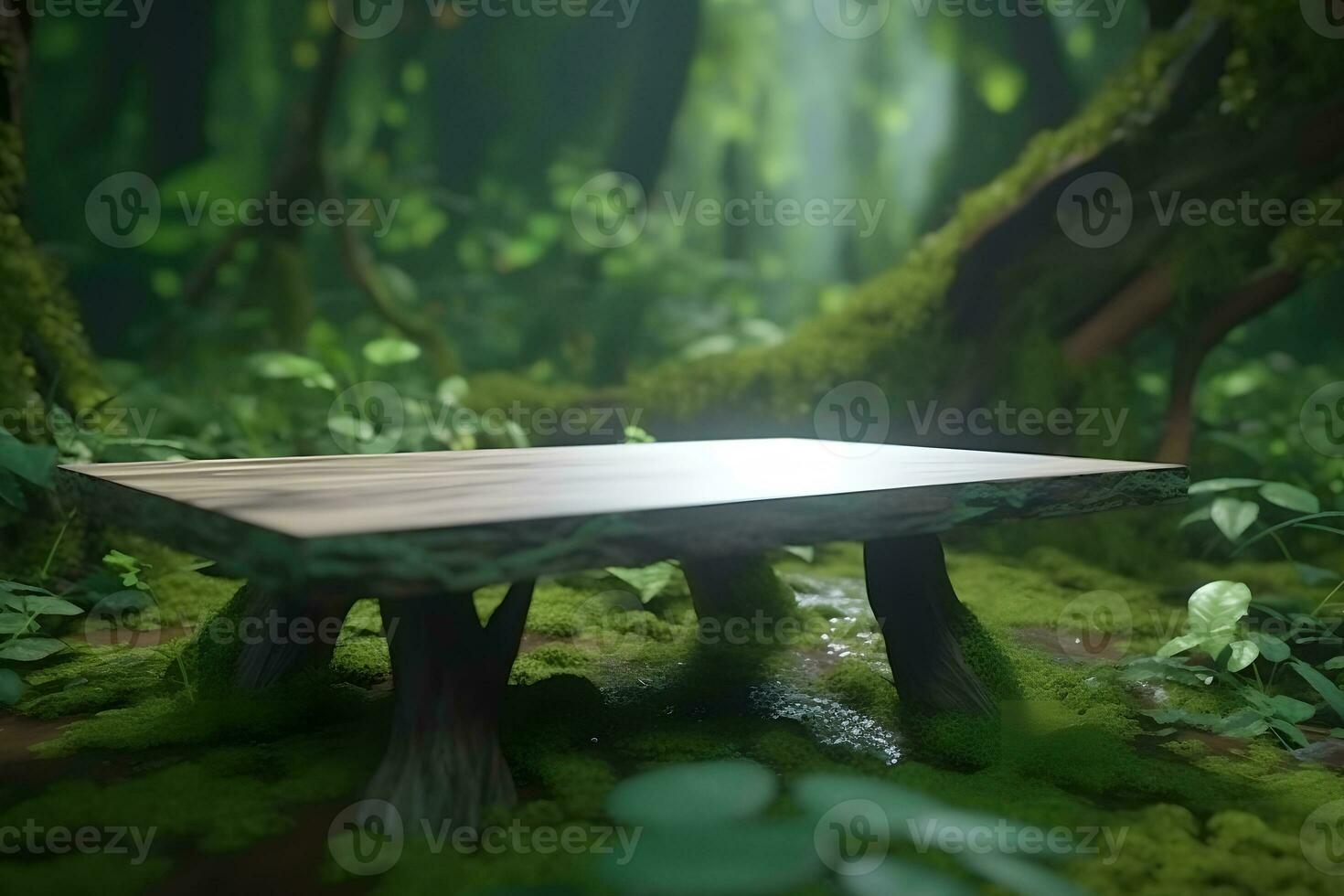 ai gegenereerd oerwoud tafel achtergrond. interieur tafel voor een kunstmatig item tegen de backdrop van tropisch planten, palmen en oerwoud. neurale netwerk ai gegenereerd foto