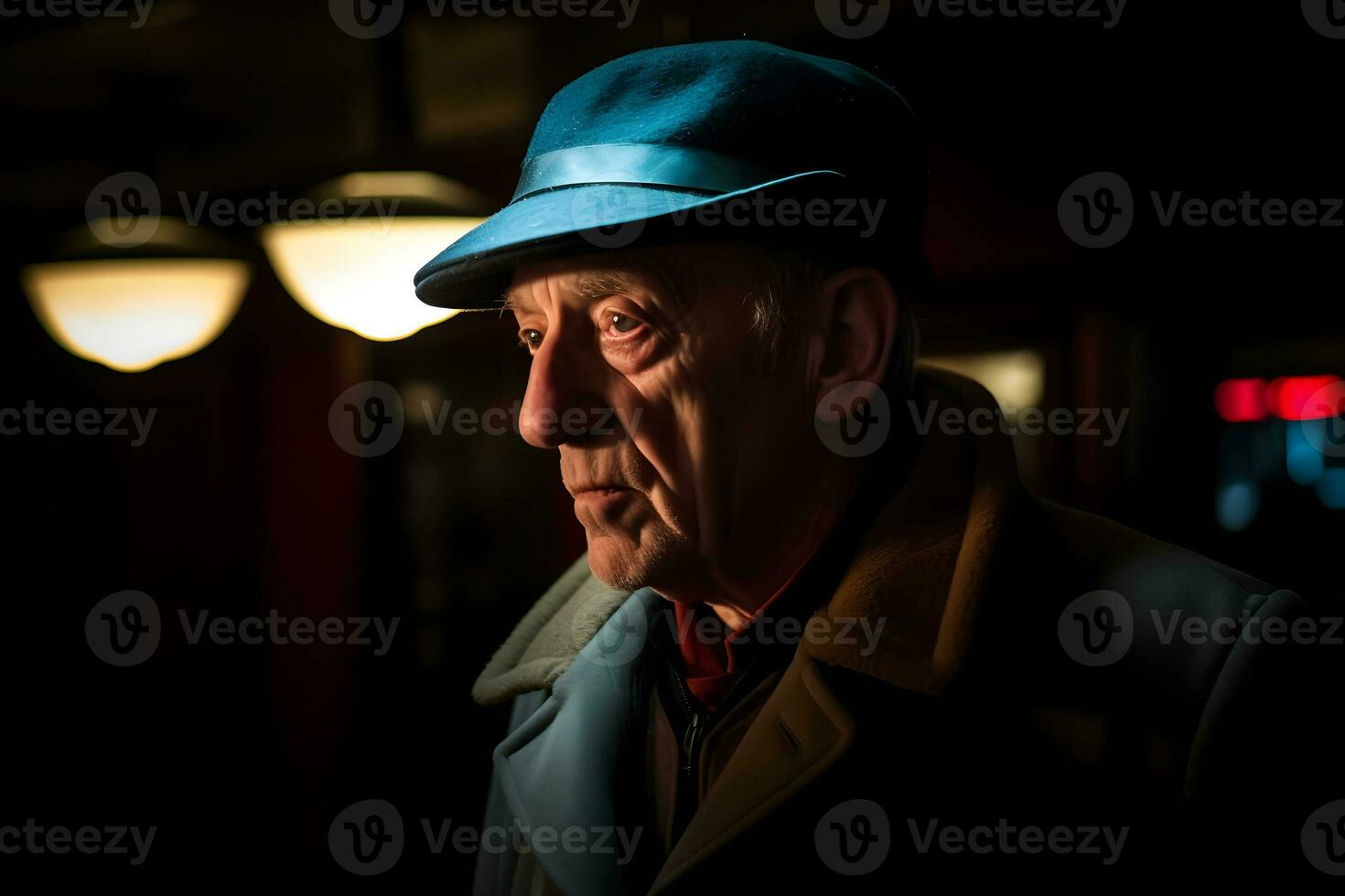 ai gegenereerd ouderen verdrietig moe Mens Aan een stad straat in winter, echt mensen elke dag leven. neurale netwerk ai gegenereerd foto