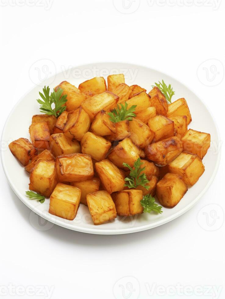 ai gegenereerd gebakken aardappelen bravas Aan wit bord foto