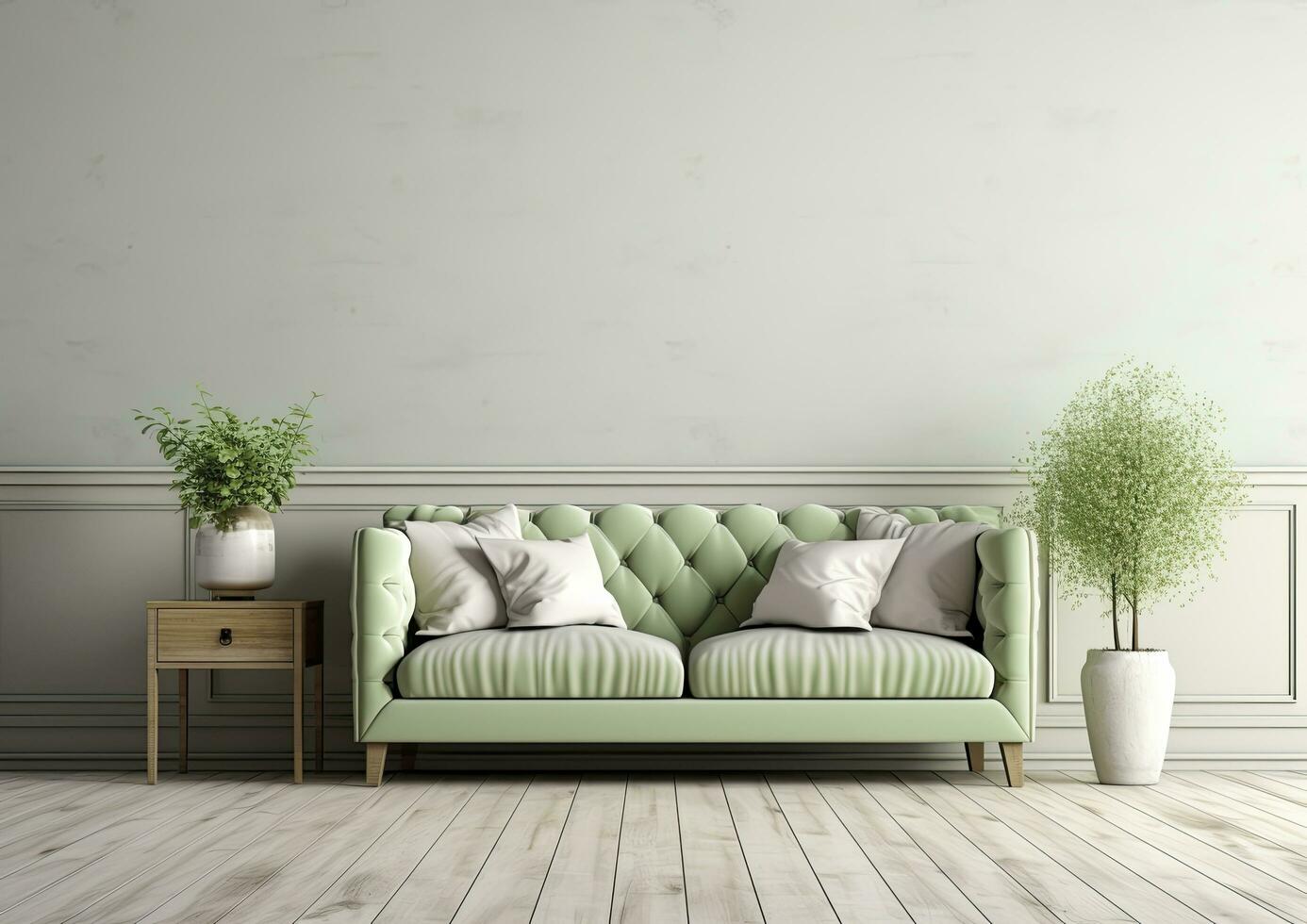 ai gegenereerd een grijs sofa in een kamer met wit muren en houten vloeren, vastleggen de essence van natuur morte met een palet van licht groen en wit foto