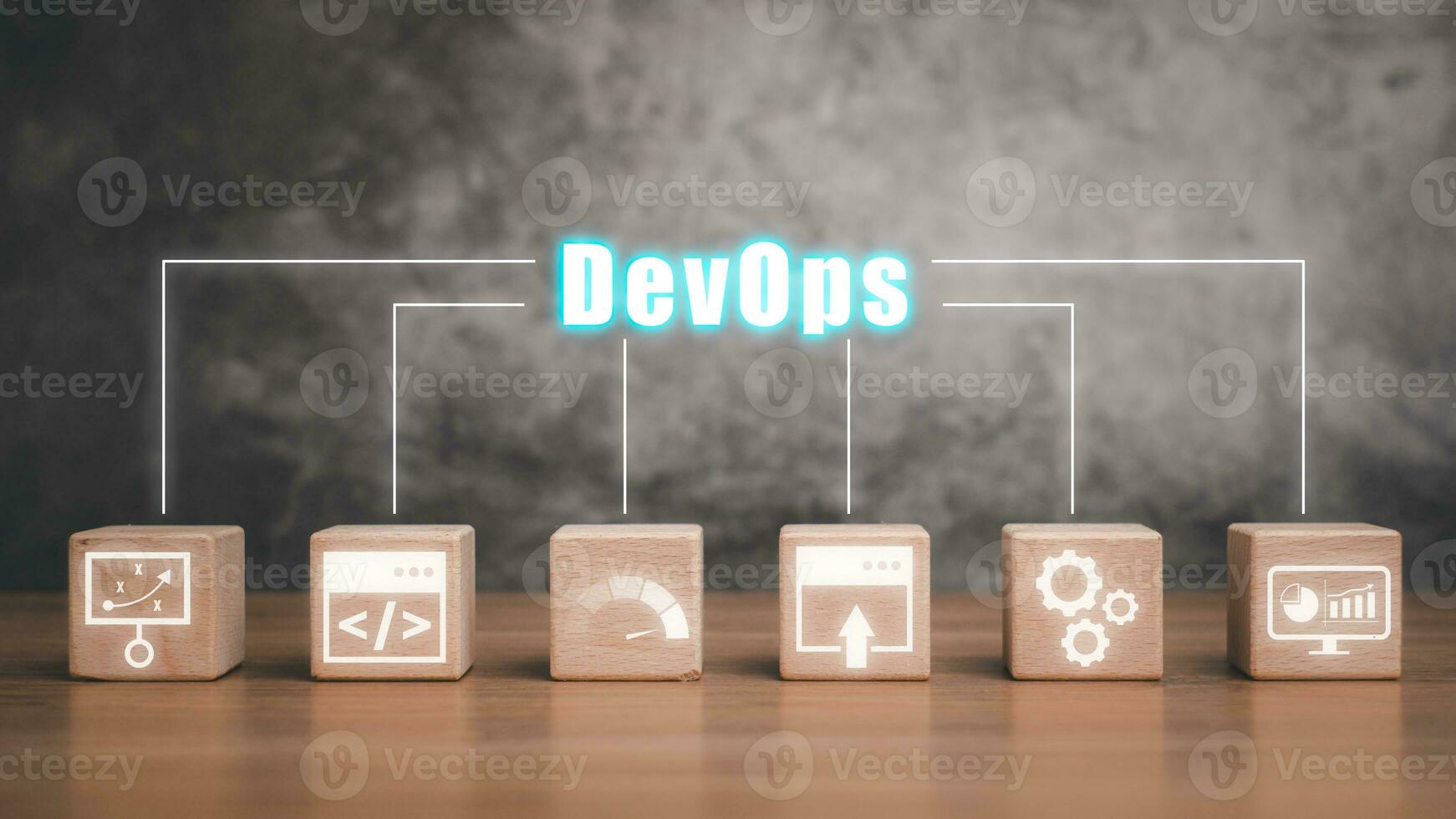 devops concept, houten blok Aan houten bureau met devops icoon Aan virtueel scherm. foto