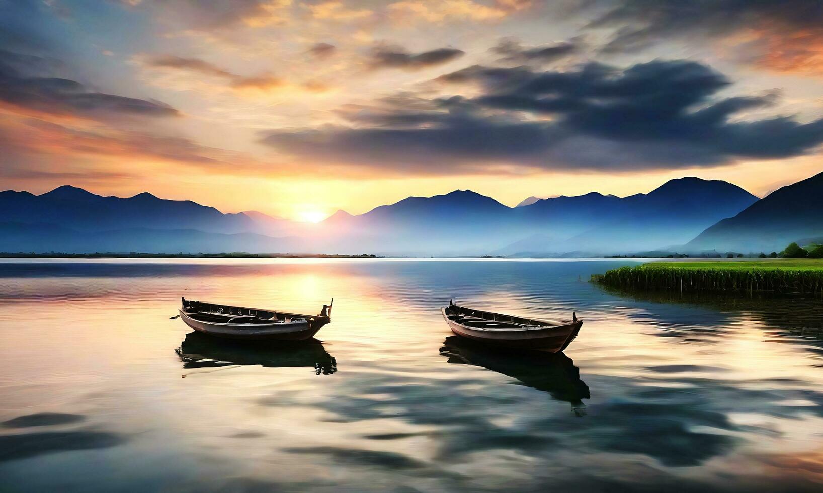 ai gegenereerd mooi fotograaf van een klein meer met een focus Aan een houten roeiboot en verbazingwekkend wolken in de lucht foto