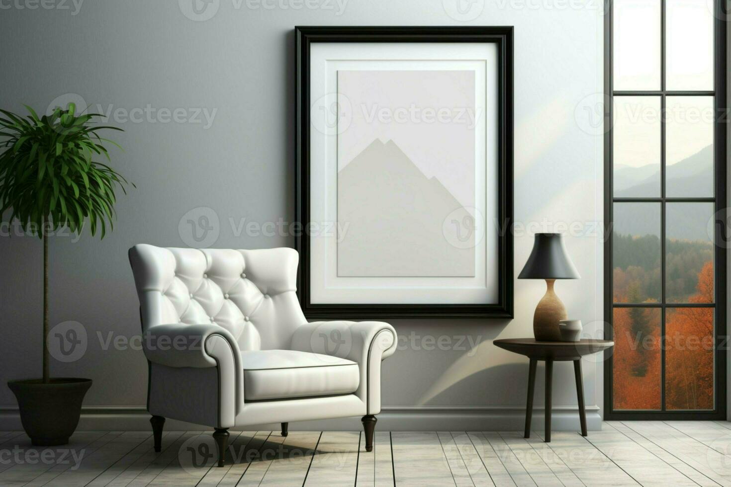 ai gegenereerd ontwerp vitrine 3d interieur mockup met wit schilderen, zwart stoel foto