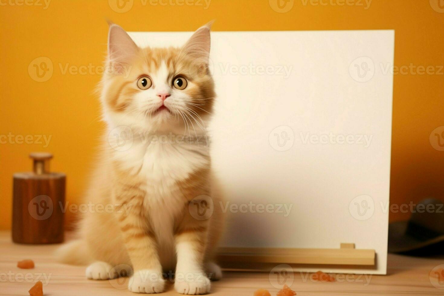 ai gegenereerd speels huisdier kat met blanco whiteboard, creëren een schattig, vertederend tafereel foto