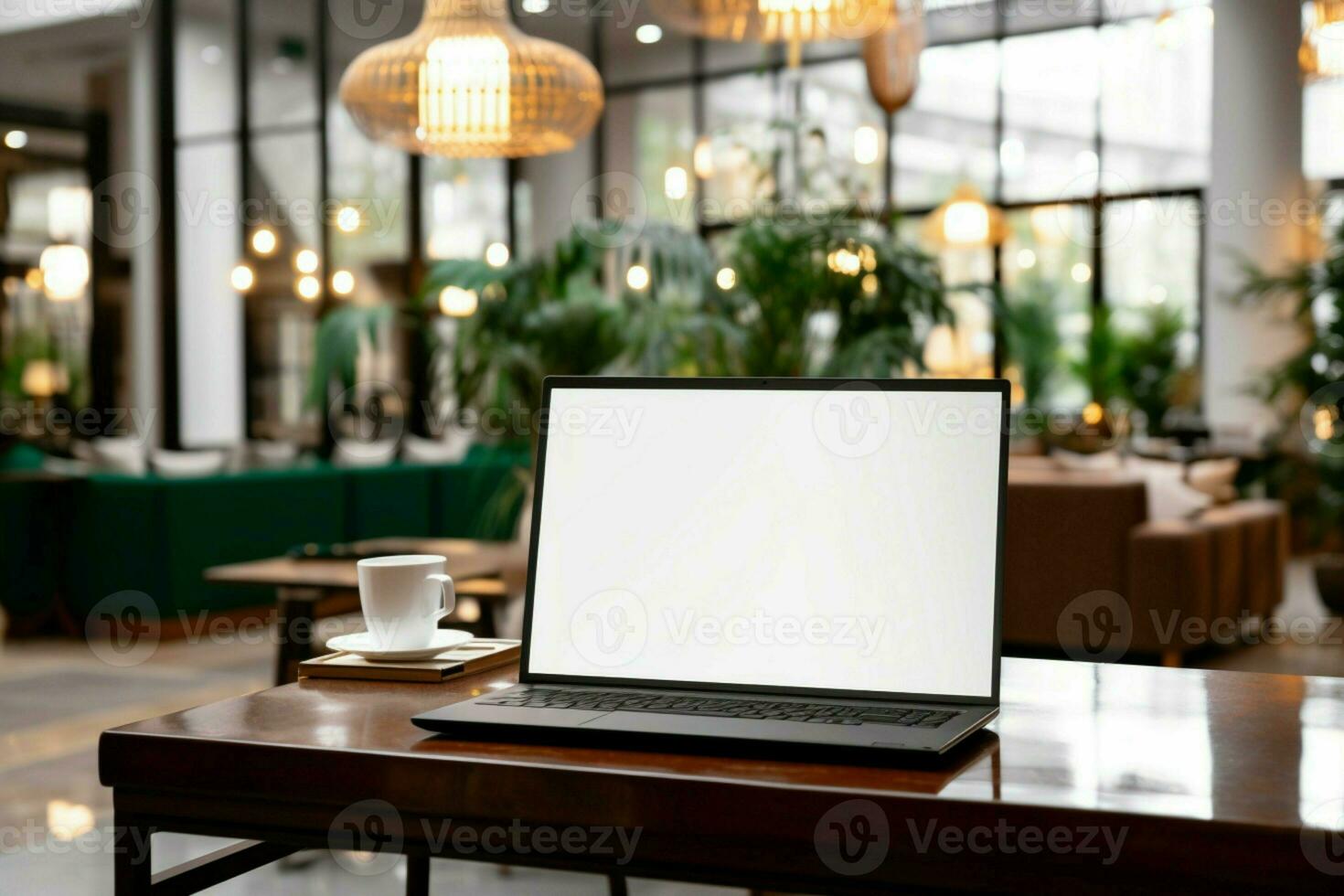 ai gegenereerd digitaal professionaliteit laptop met blanco scherm in hotel ontvangst lounge foto