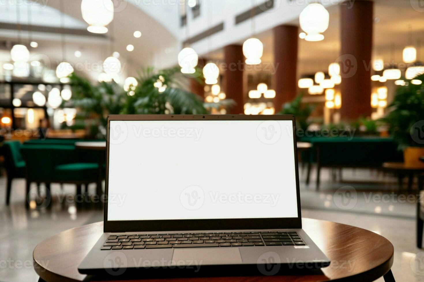 ai gegenereerd digitaal professionaliteit laptop met blanco scherm in hotel ontvangst lounge foto