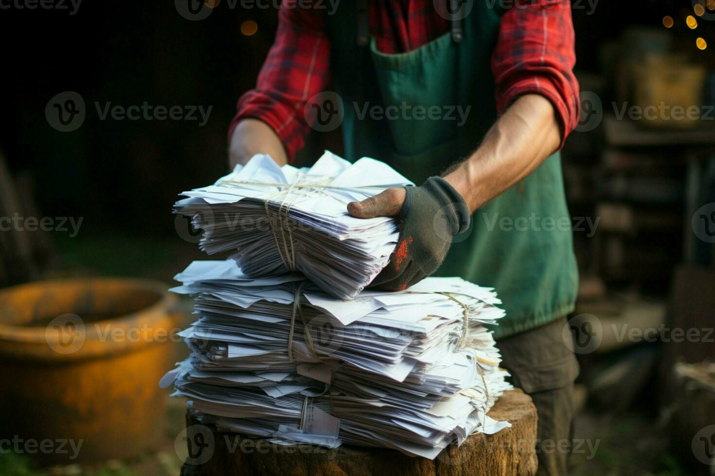 ai gegenereerd milieuvriendelijk vriendelijk Mens houdt gebonden stapel, voorbereidingen treffen gebruikt papier voor recycling foto