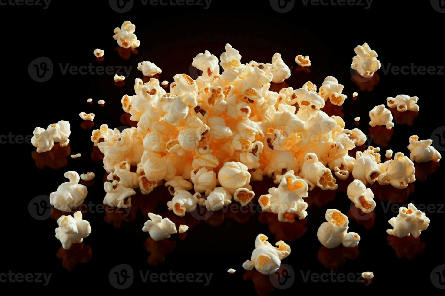 ai gegenereerd vliegend genot popcorn geïsoleerd Aan zwart achtergrond, dichtbij omhoog momentopname foto