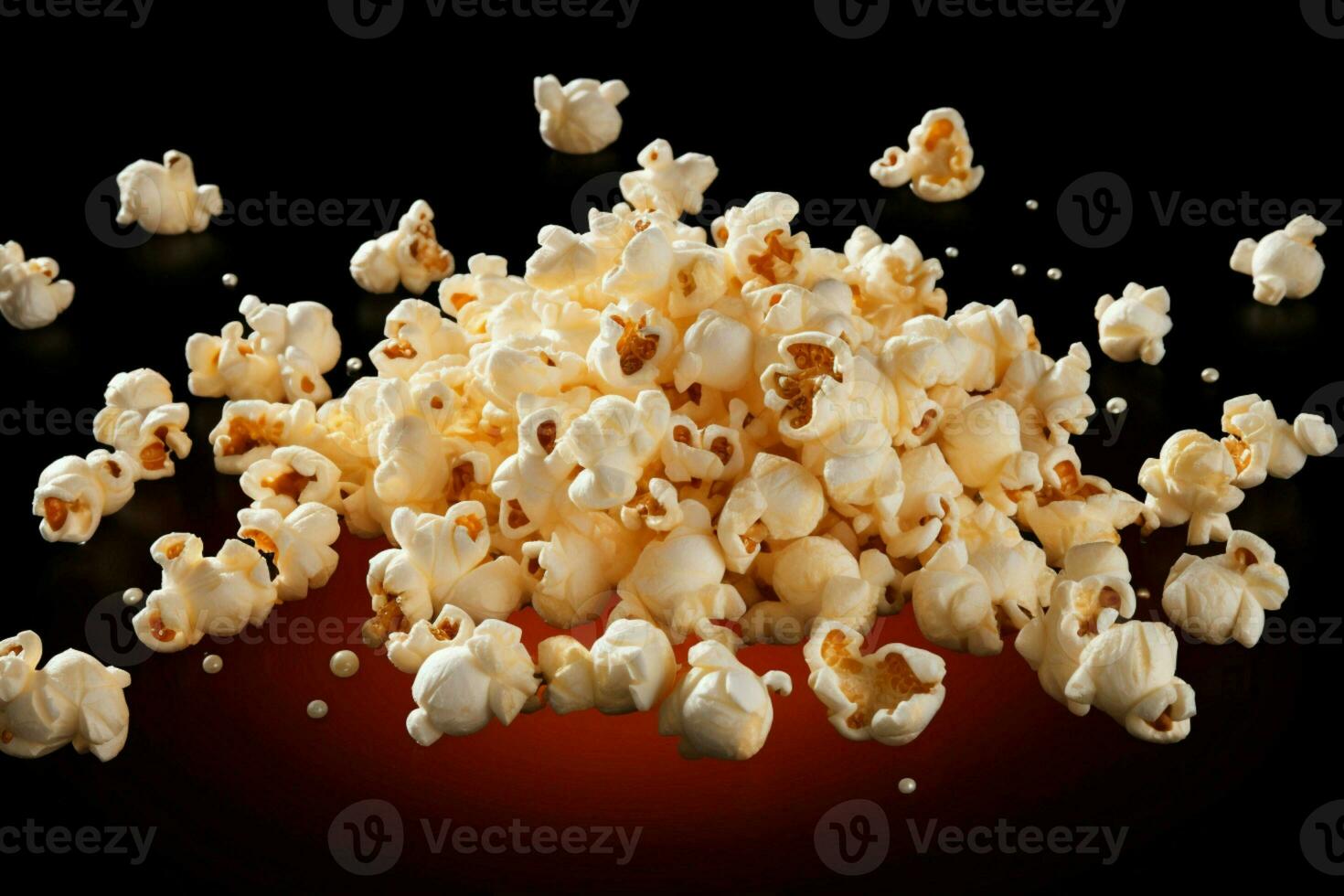 ai gegenereerd vliegend genot popcorn geïsoleerd Aan zwart achtergrond, dichtbij omhoog momentopname foto