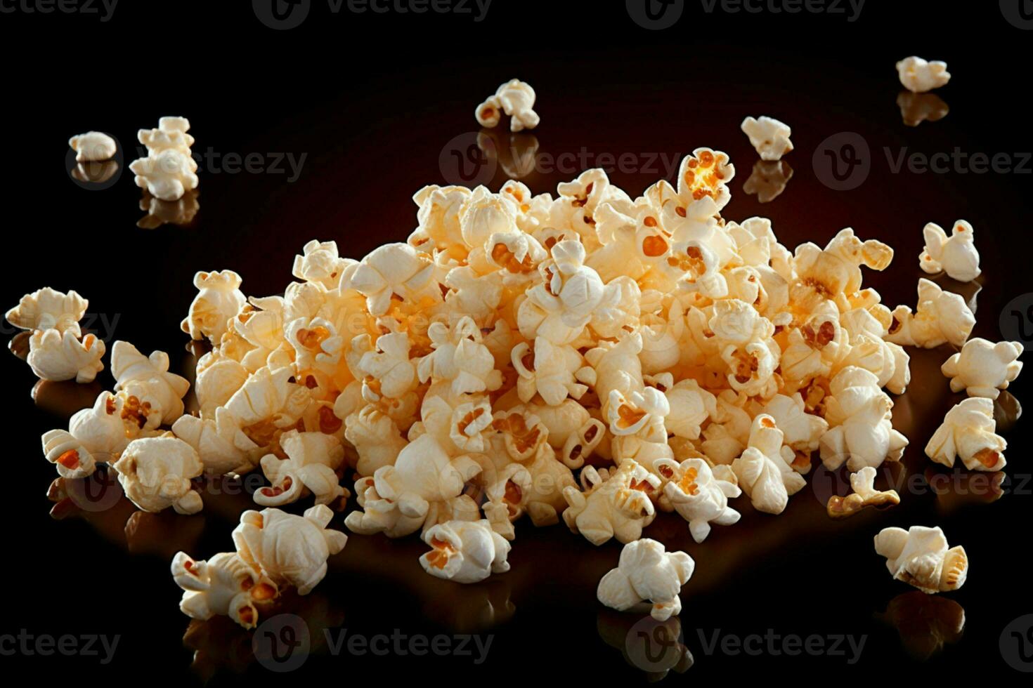 ai gegenereerd popcorn extravagant geïsoleerd Aan zwart, vastleggen de vliegend genot foto