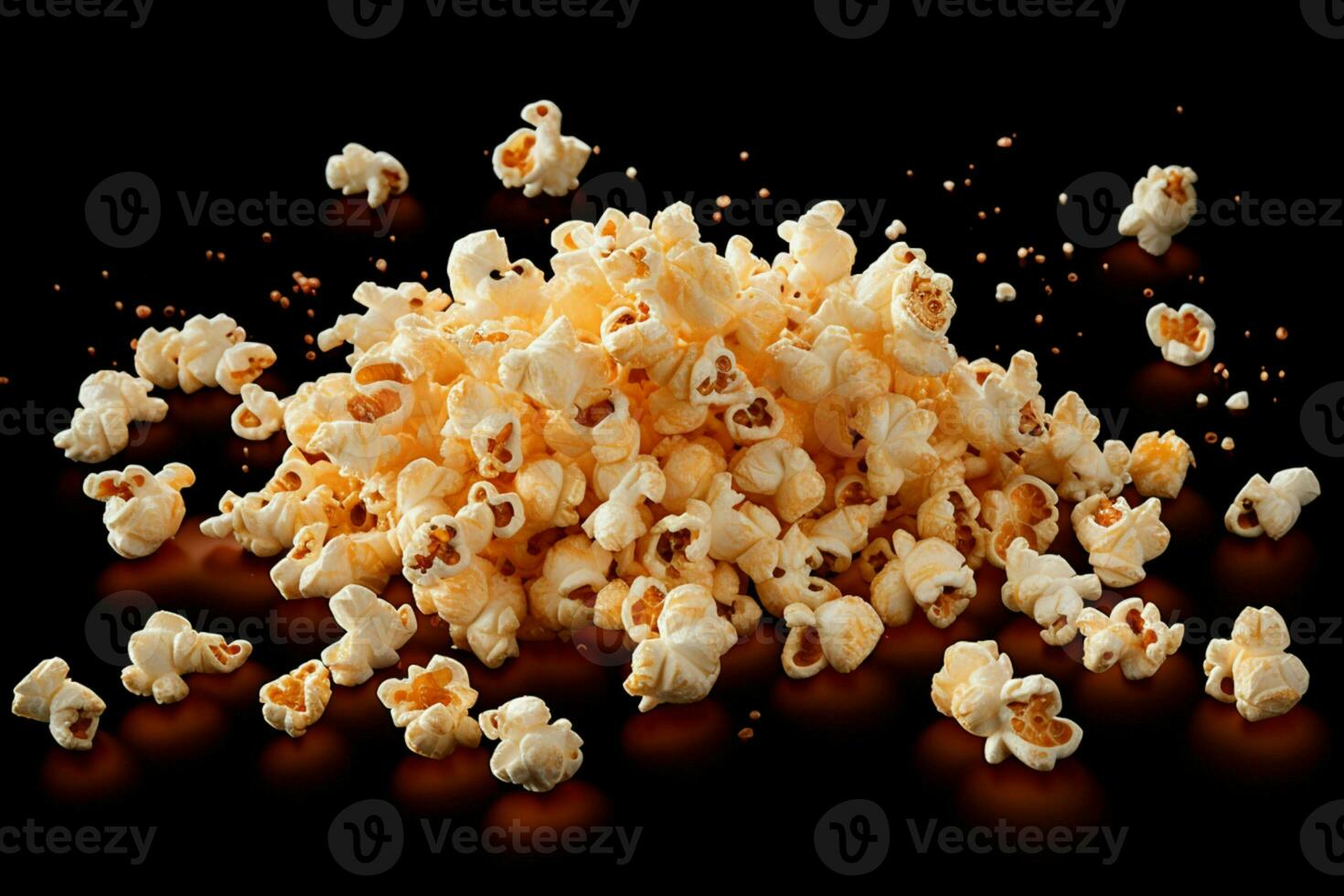 ai gegenereerd geïsoleerd popcorn Aan zwart achtergrond, vastleggen de vallend of vliegend foto