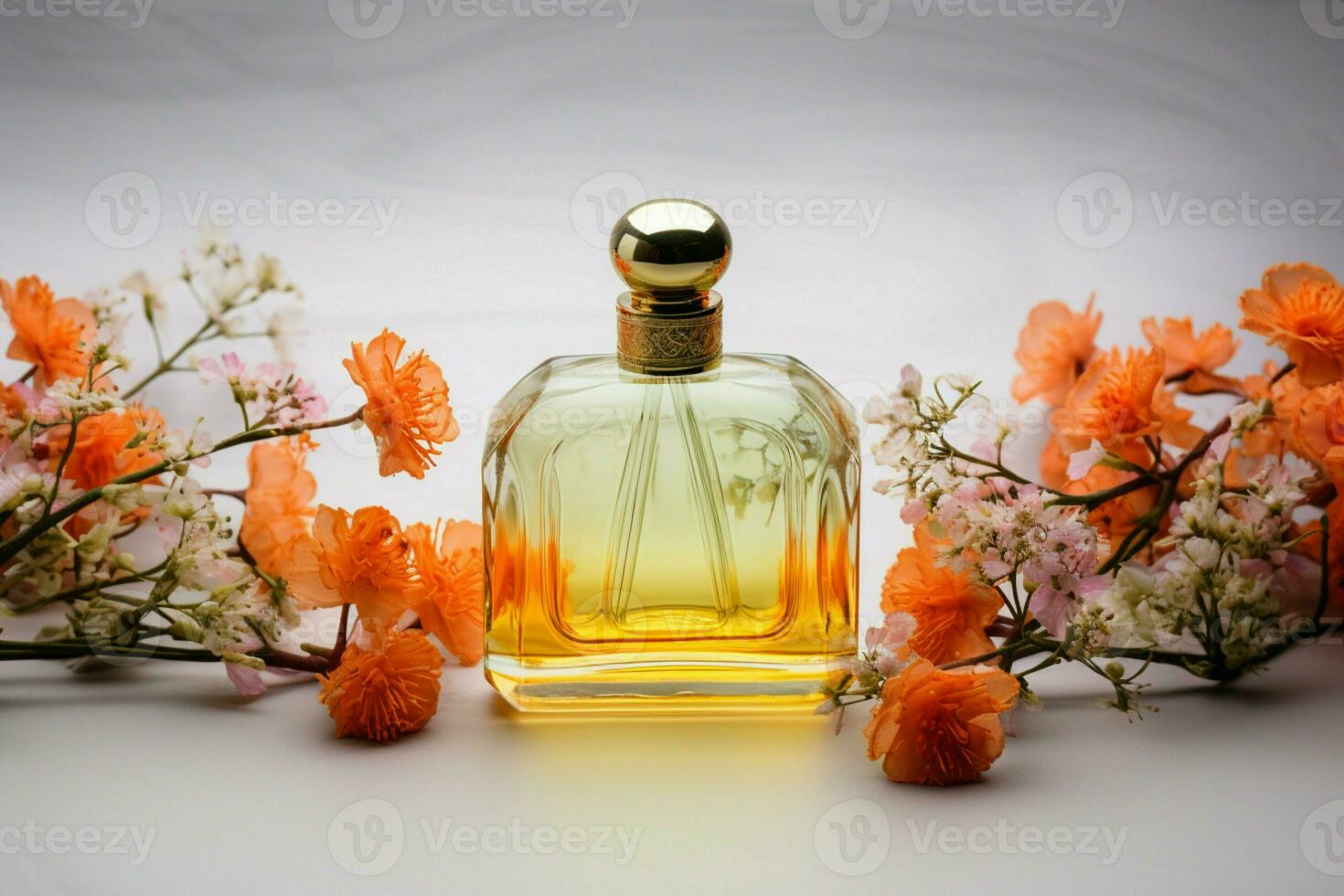 ai gegenereerd zichtbaar genot parfum flessen en bloemen boeien Aan een wit backdrop foto