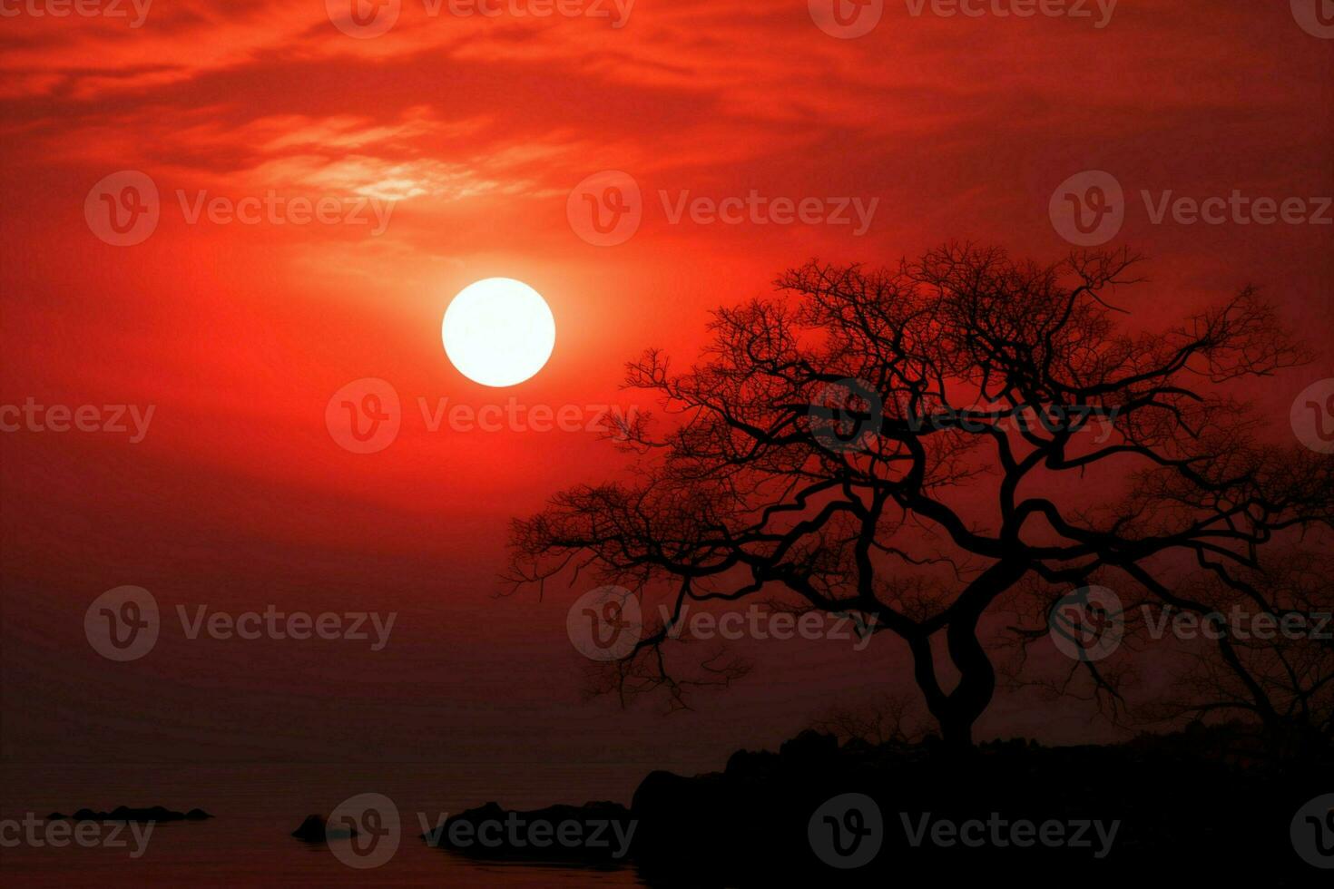 ai gegenereerd vredig schemer ronde zon Aan rood lucht met silhouet boom foto