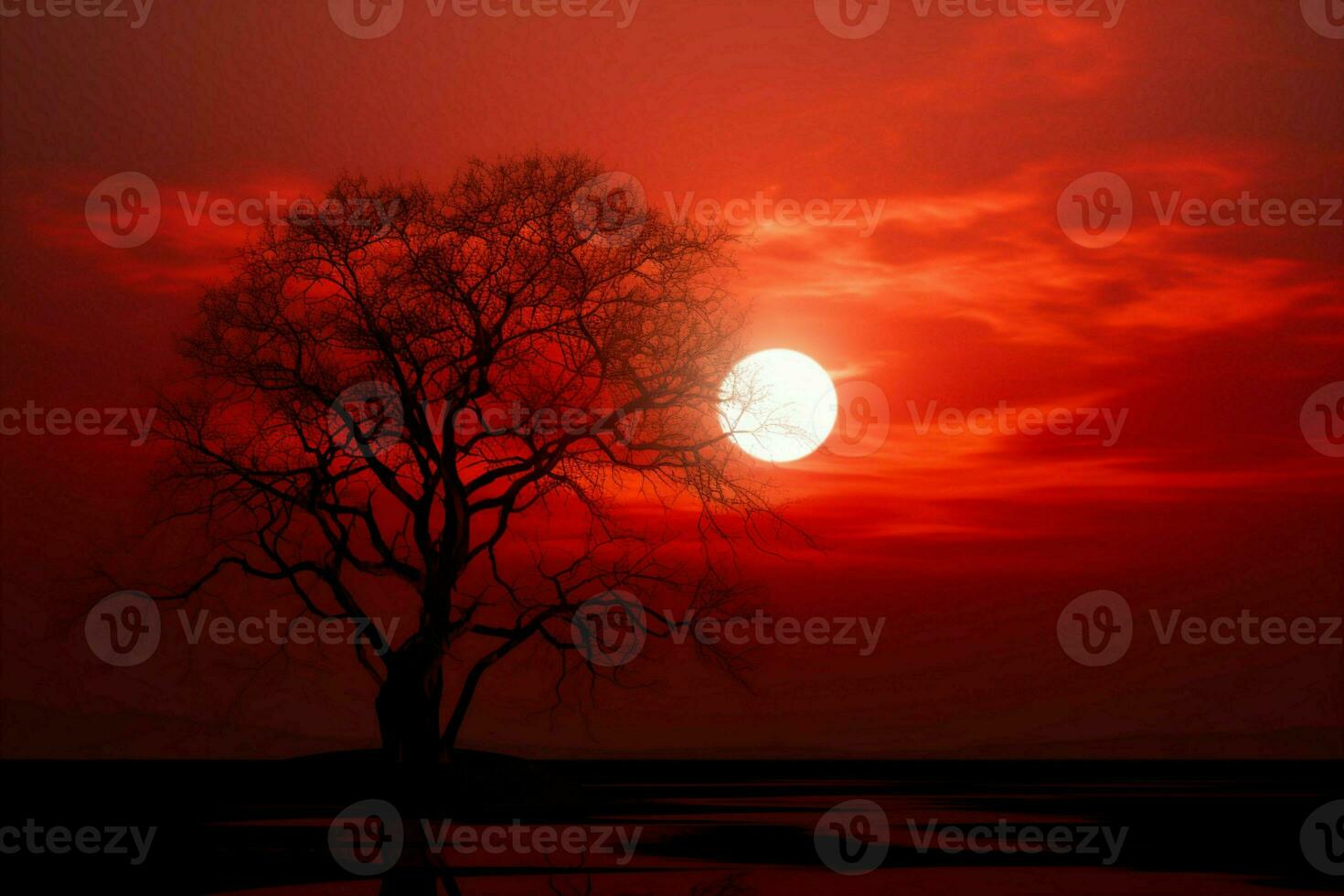 ai gegenereerd vredig schemer ronde zon Aan rood lucht met silhouet boom foto