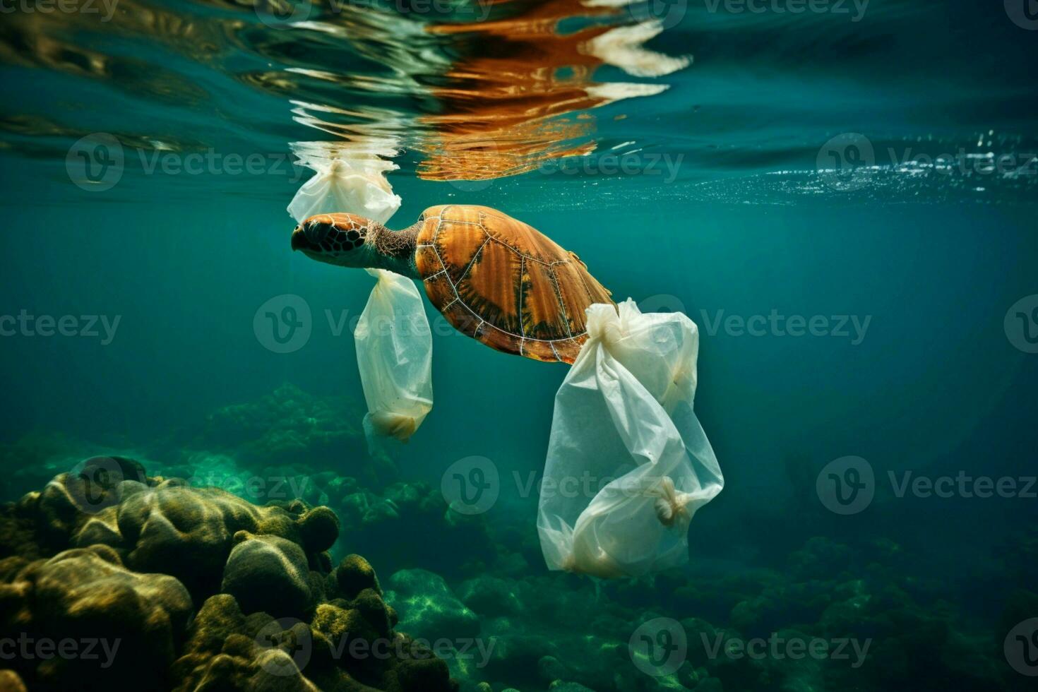 ai gegenereerd besparing zeeën plastic zak verontreiniging negatief beïnvloedt marinier leven ecosystemen foto