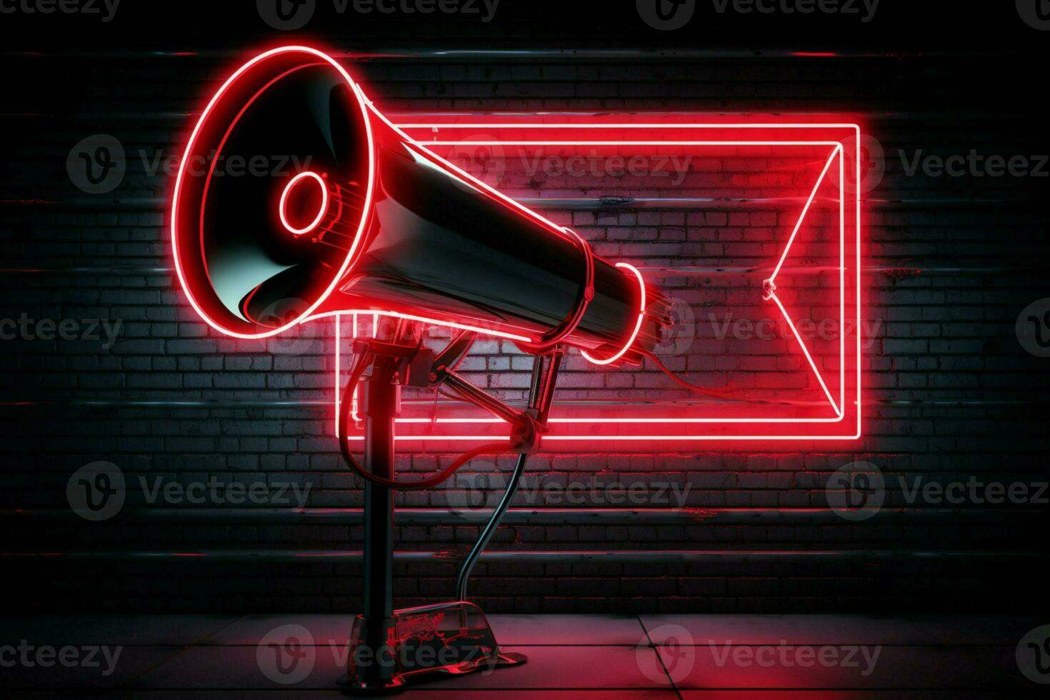ai gegenereerd stoutmoedig communicatie rood neon megafoon complementen een leeg kader foto