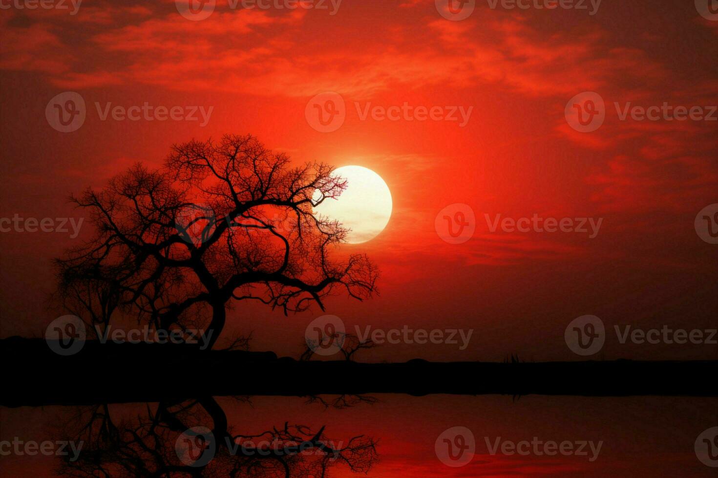ai gegenereerd abstract schoonheid rood zonsondergang lucht met ronde zon en aftekenen boom foto