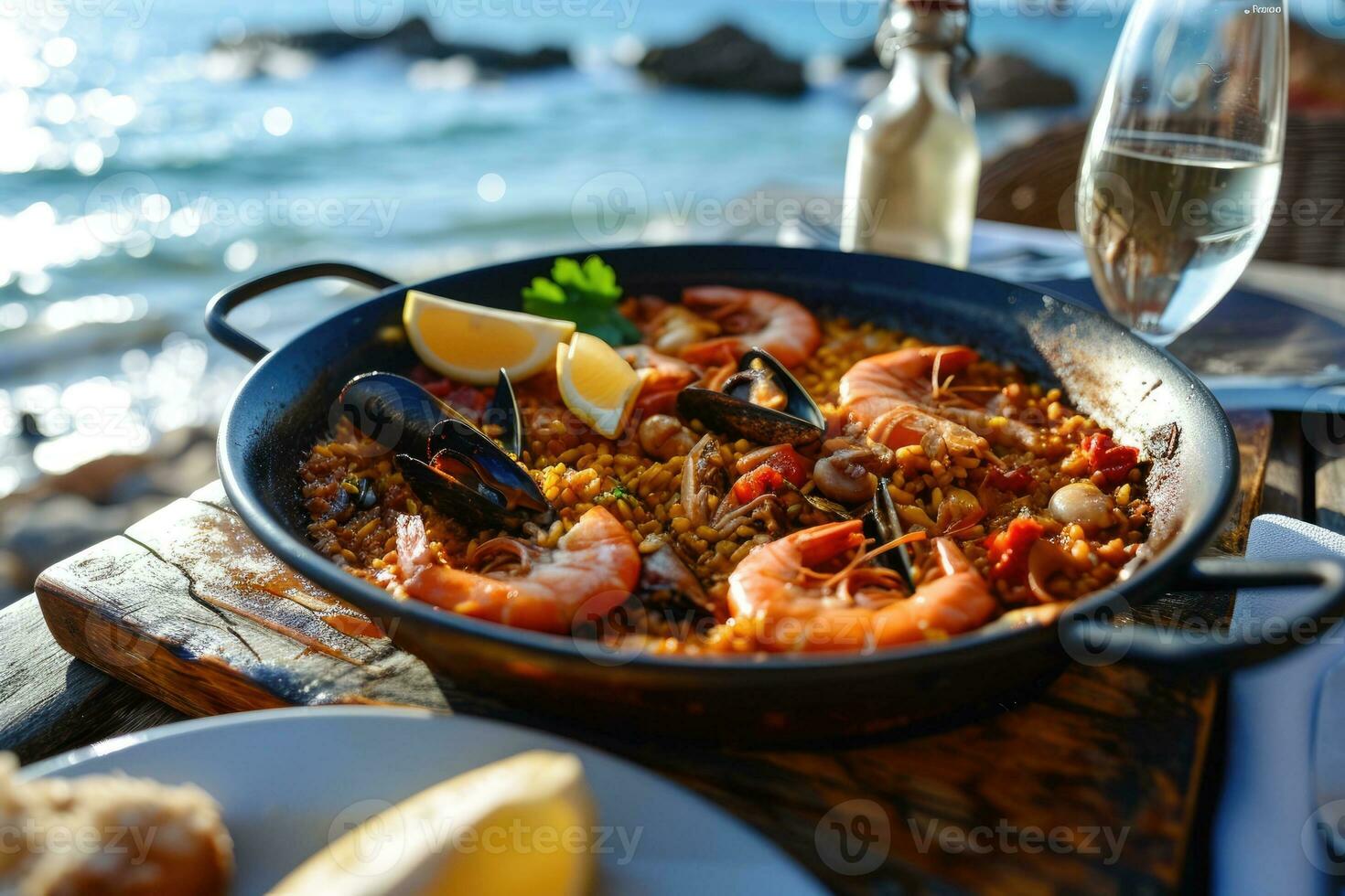 ai gegenereerd traditioneel zeevruchten paella in de pan Aan een tafel door de zee. foto