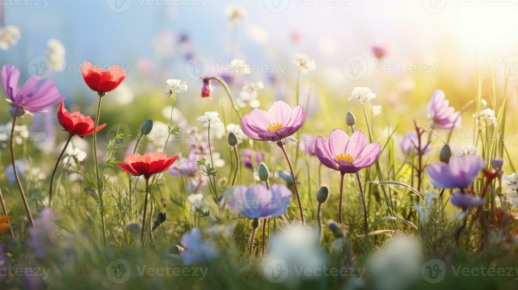 ai gegenereerd bloem veld- in zonlicht, voorjaar of zomer tuin achtergrond foto