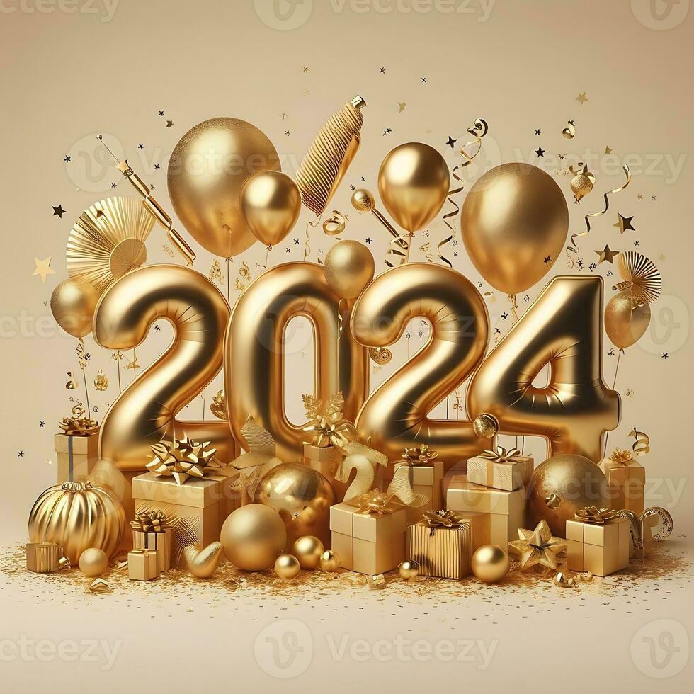 ai gegenereerd 2024 gouden decoratie vakantie Aan beige achtergrond. goud folie ballonnen cijfer 2024 met realistisch feestelijk voorwerpen foto