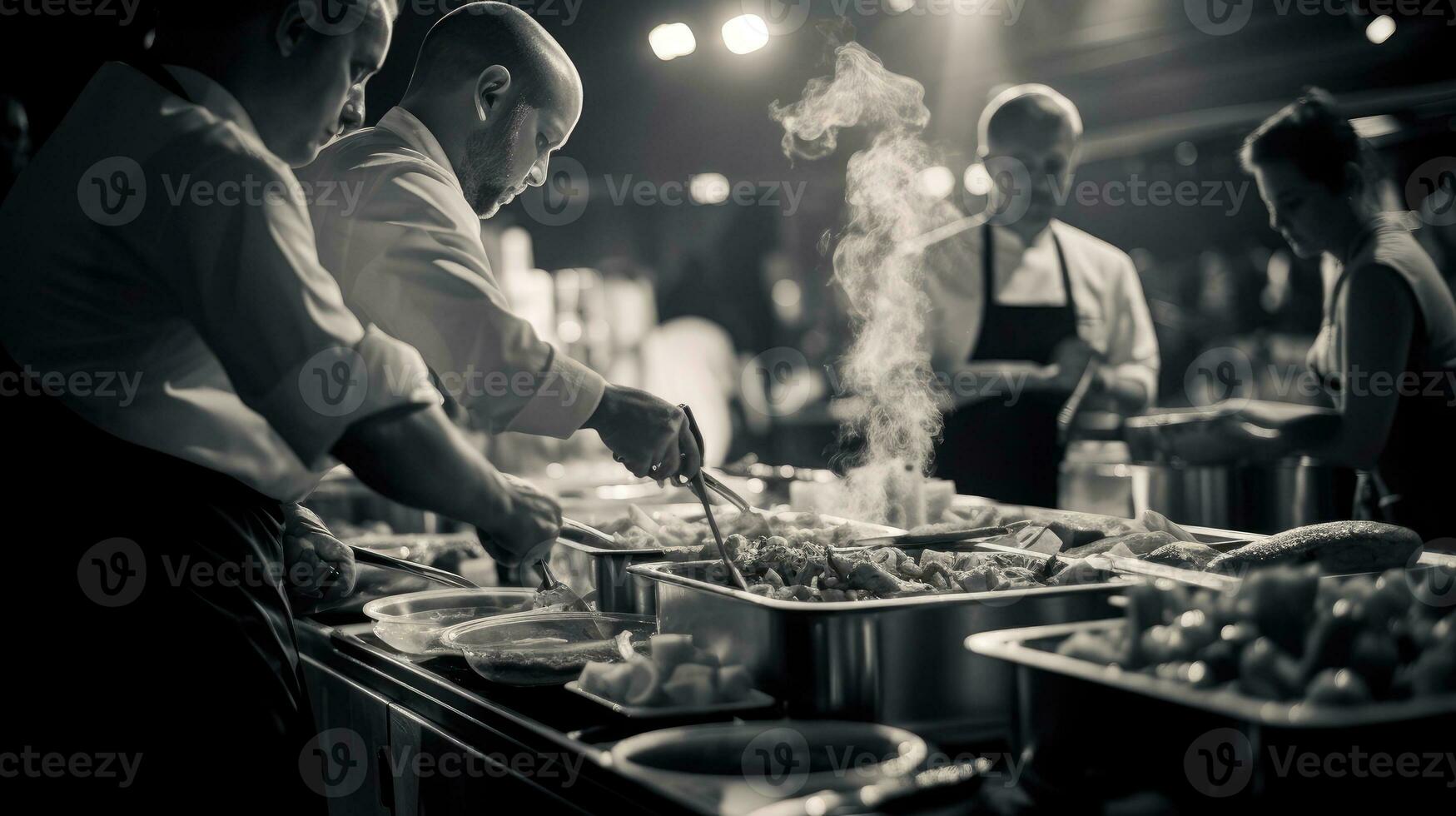 ai gegenereerd een bruisend catering evenement, met koks voorbereidingen treffen voortreffelijk gerechten in een Open keuken. catering buffet voedsel binnen- in restaurant foto