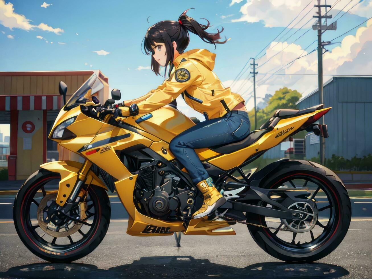 ai gegenereerd mooi geel jasje anime meisje rijden een motorfiets Aan gas- station achtergrond foto
