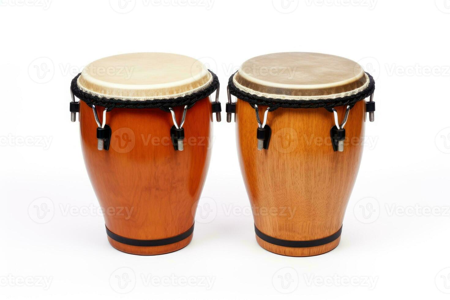 ai gegenereerd twee houten drums met zwart riemen. bongo drums geïsoleerd Aan een wit achtergrond foto