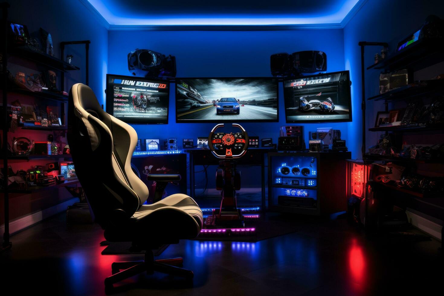 ai gegenereerd een gaming opstelling met een racing spel Aan de scherm, gaming stoel in de voorgrond, en ambient verlichting foto