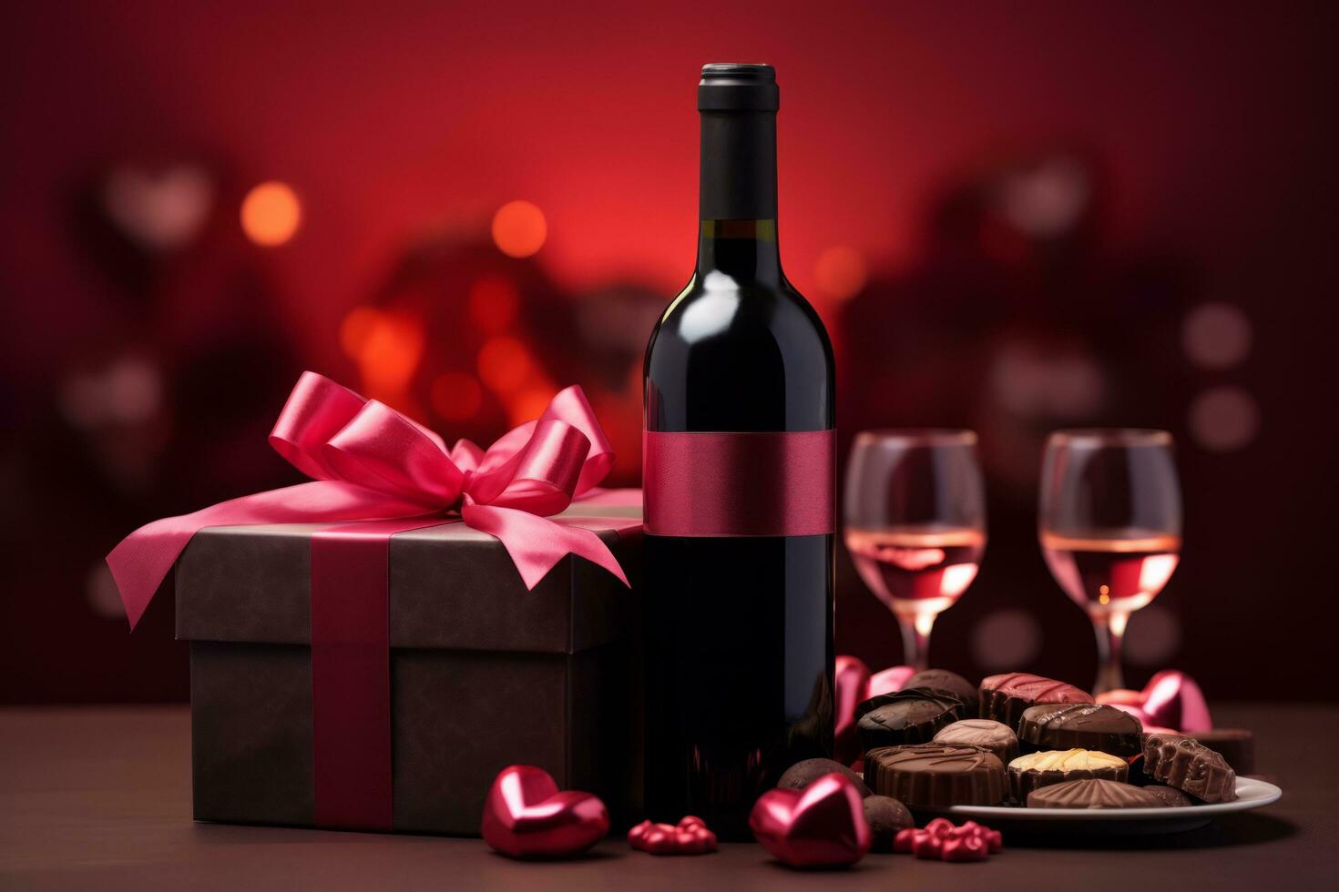 ai gegenereerd Valentijn dag opstelling met een fles van wijn, geschenk dozen, een doos van chocolaatjes, en hart decoraties Aan een roze achtergrond foto
