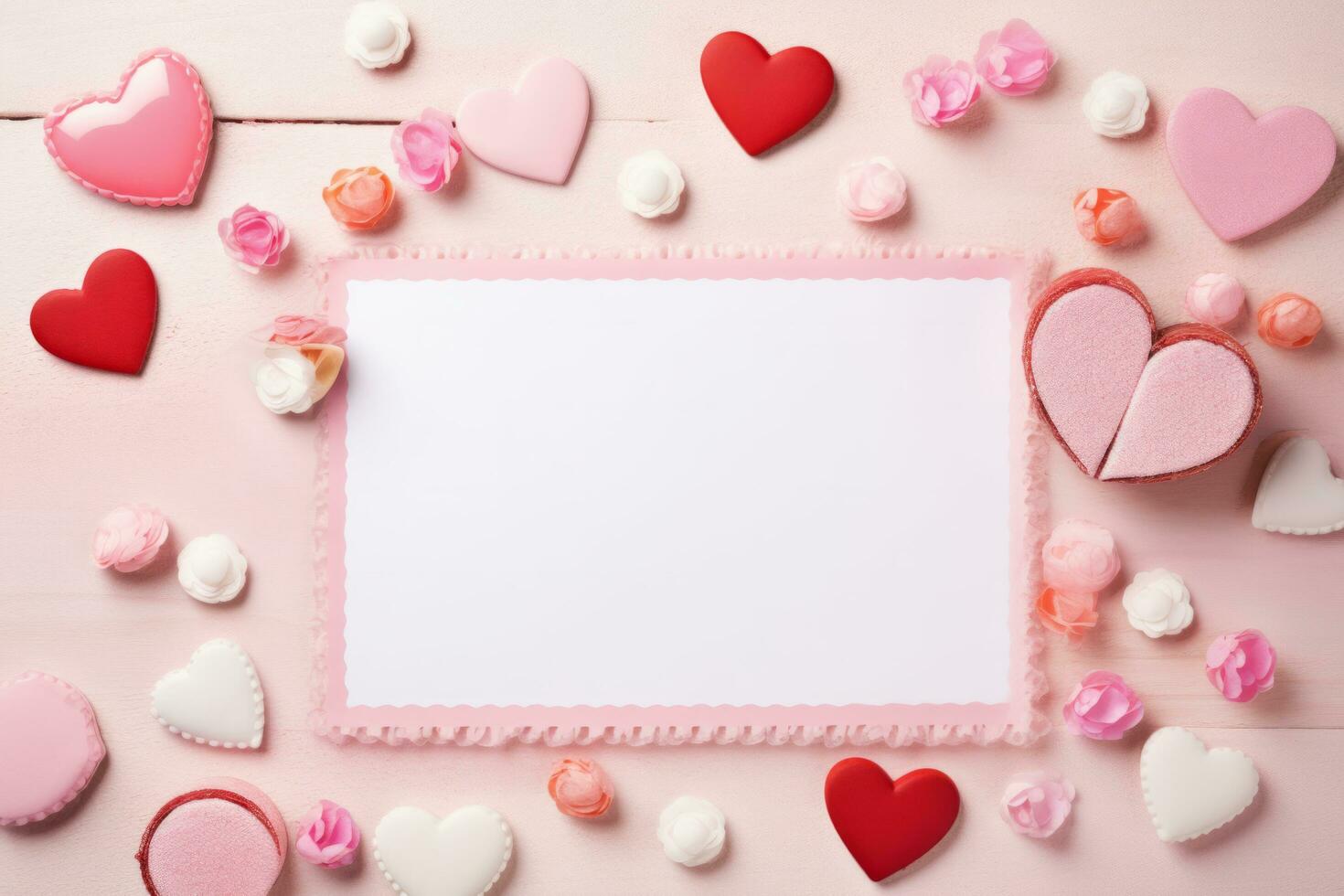 ai gegenereerd Valentijn themed samenstelling met blanco papier voor bericht foto