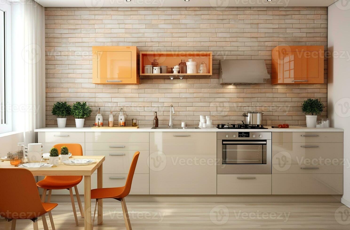 ai gegenereerd keuken in wit steen muur met houten verdieping foto