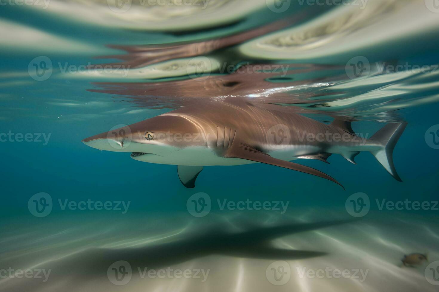 ai gegenereerd Super goed wit haai poseren in de diep blauw water. neurale netwerk ai gegenereerd foto