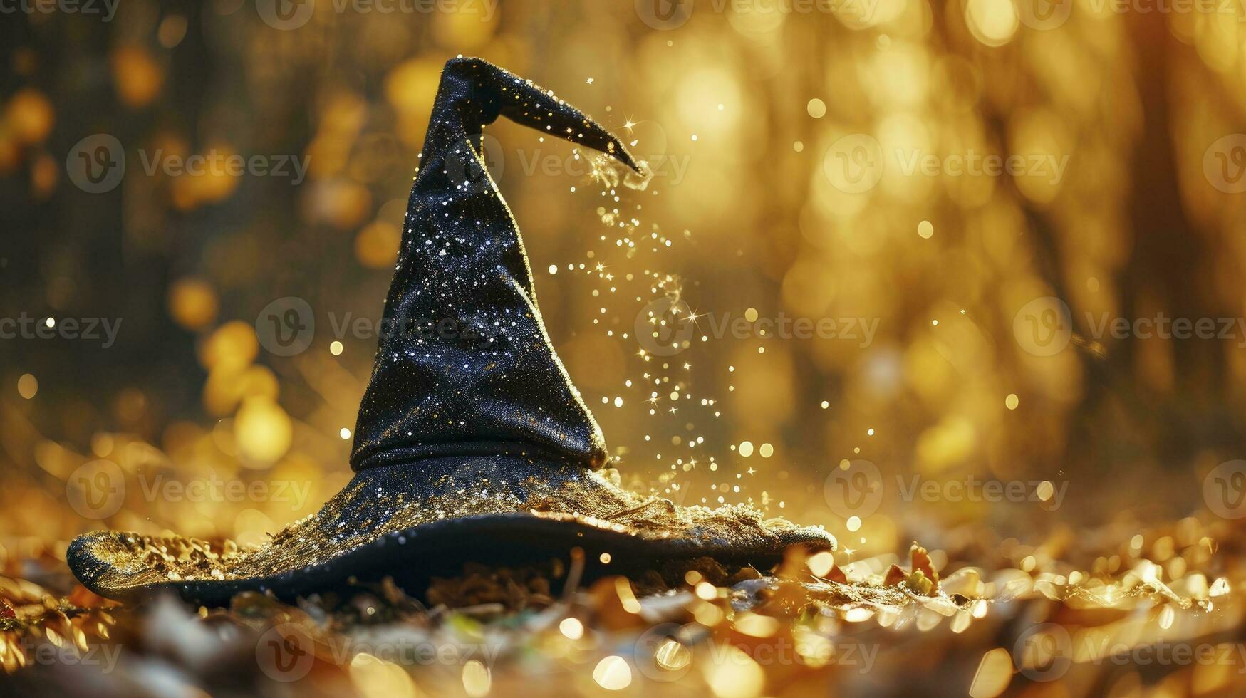 ai gegenereerd magie zwart tovenaar hoed Aan gouden fee stof achtergrond ,concept carnaval foto