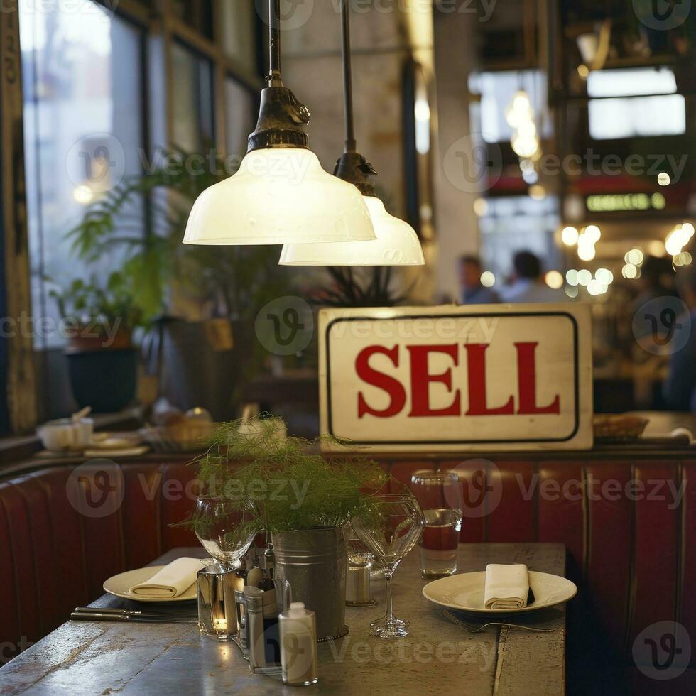 ai gegenereerd de teken met tekst verkopen Bij de restaurant foto