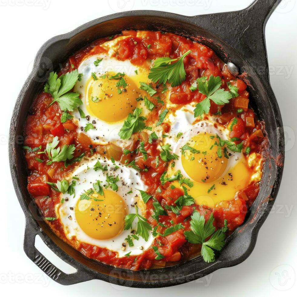 ai gegenereerd heerlijk Shakshuka in frituren pan geïsoleerd Aan wit, top visie. foto