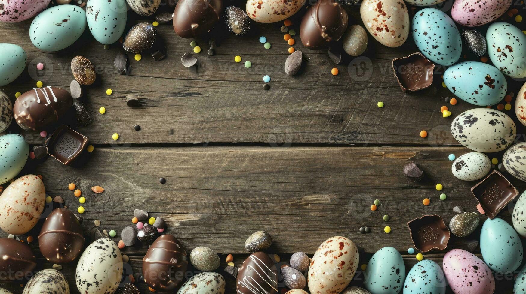 ai gegenereerd top naar beneden visie van een Pasen grens kader van van roodborstje eieren en chocola eieren met kopiëren ruimte in de midden- foto