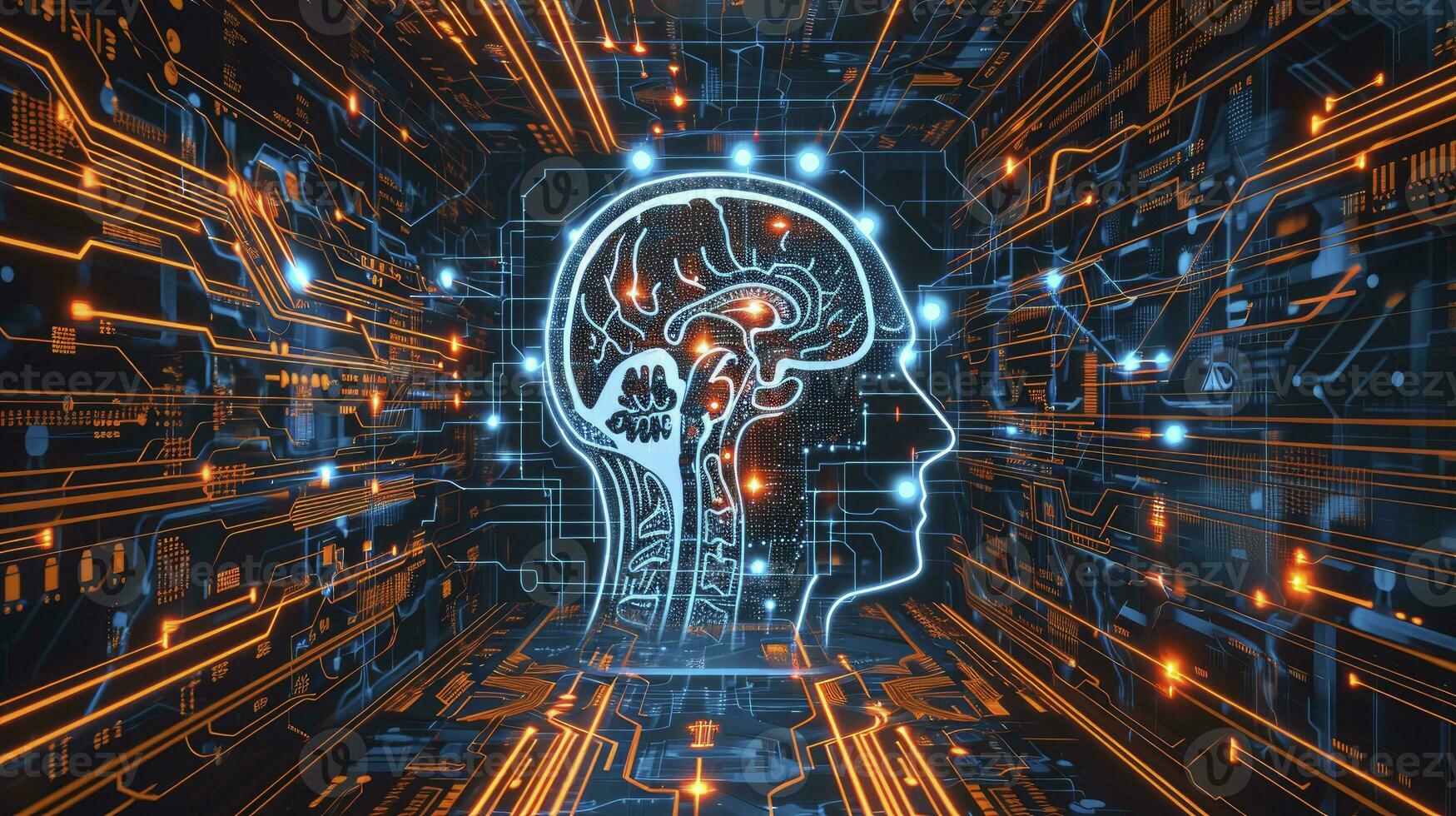 ai gegenereerd futuristische illustratie van kunstmatig intelligentie- hersenen concept met digitaal circuits. ai hersenen stroomkring bord icoon illustratie. foto