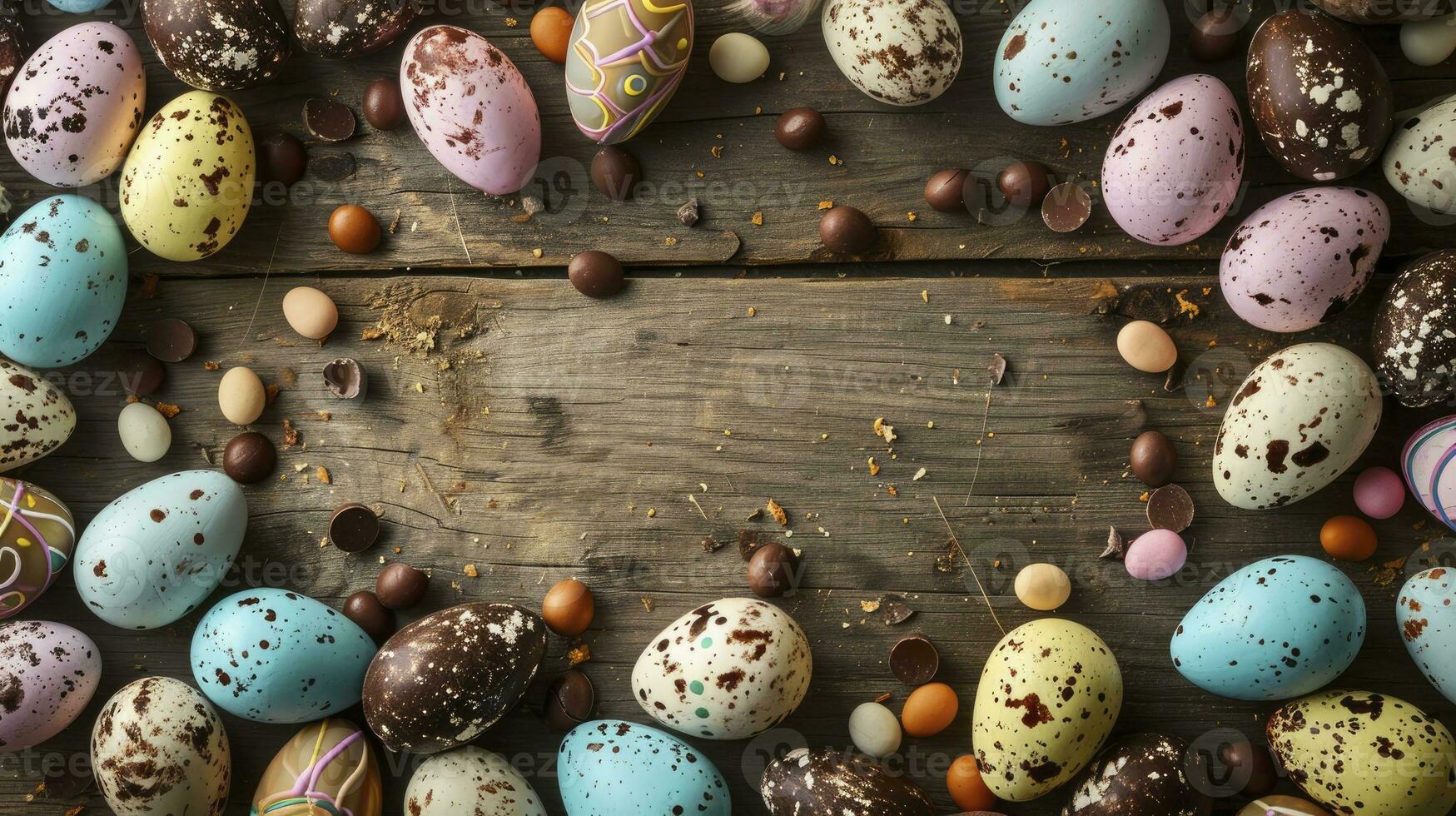 ai gegenereerd top naar beneden visie van een Pasen grens kader van van roodborstje eieren en chocola eieren met kopiëren ruimte in de midden- foto