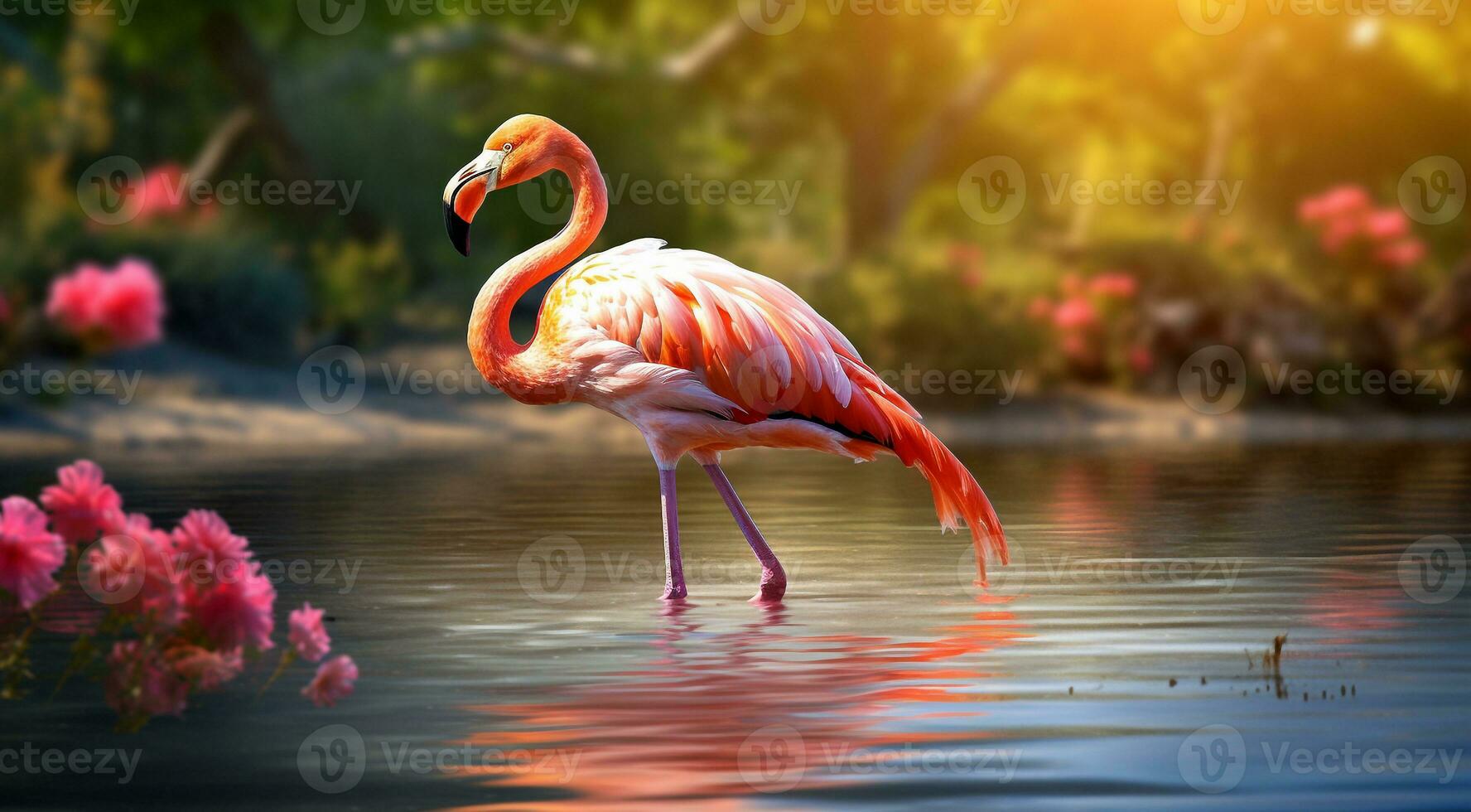 ai gegenereerd roze flamingo Aan de meer, roze flamingo zwemmen Aan de water, detailopname van een mooi roze flamingo foto