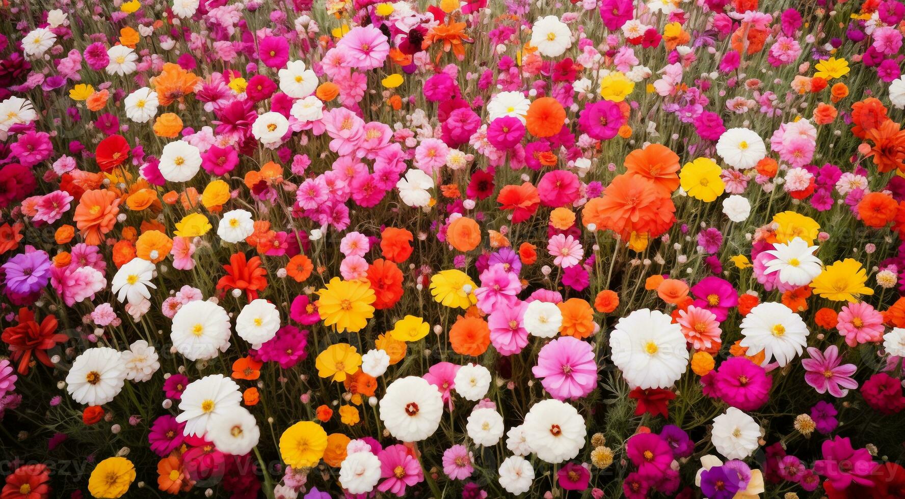 ai gegenereerd veld- van bloemen, bloemen in de veld, gekleurde bloemen onder de lucht, gekleurde bloemen, bloemen veld- foto