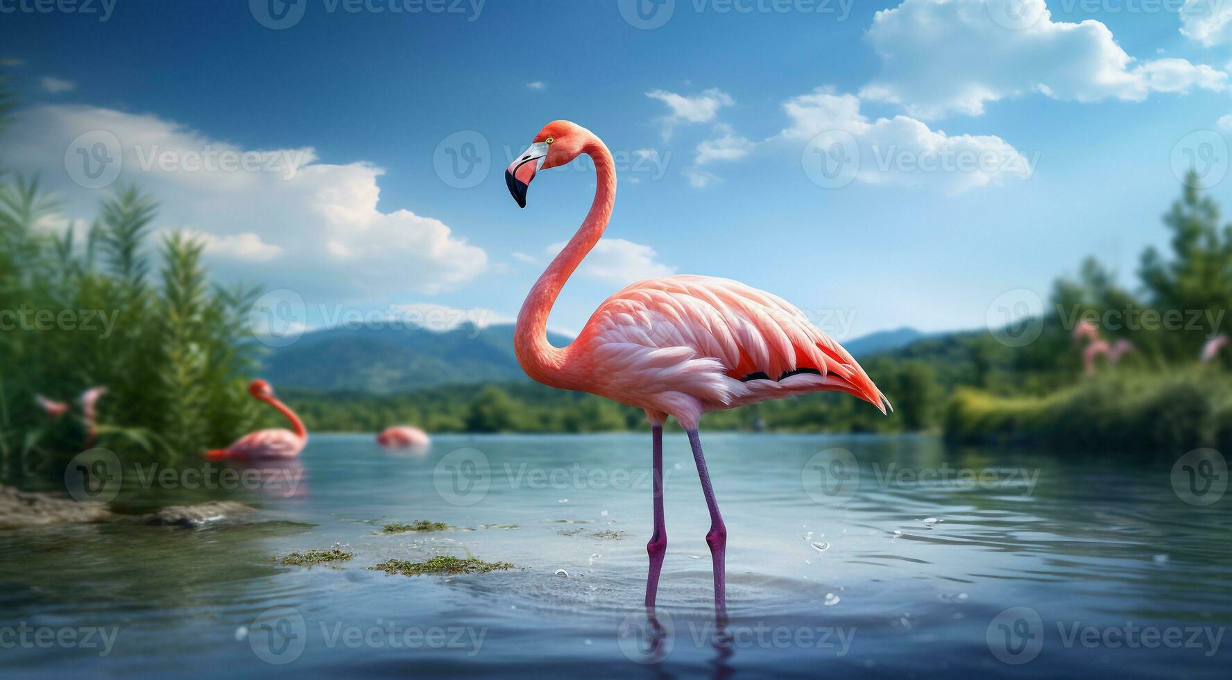 ai gegenereerd roze flamingo Aan de meer, roze flamingo zwemmen Aan de water, detailopname van een mooi roze flamingo foto