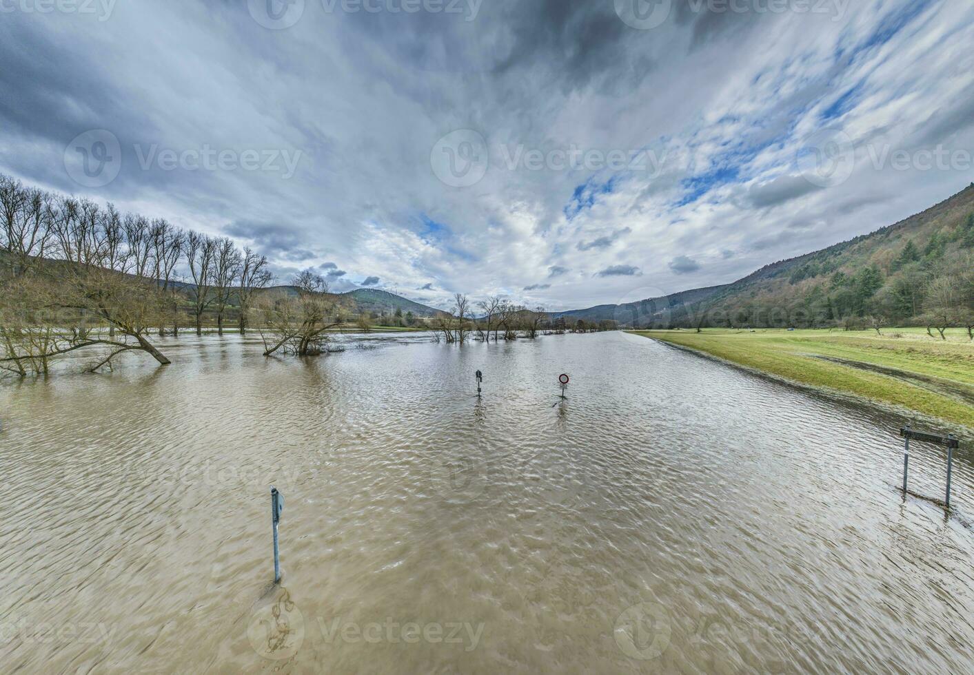 dar beeld van de Duitse rivier- hoofd gedurende een overstroming met overstroomd bomen en verkeer tekens Aan de bank foto