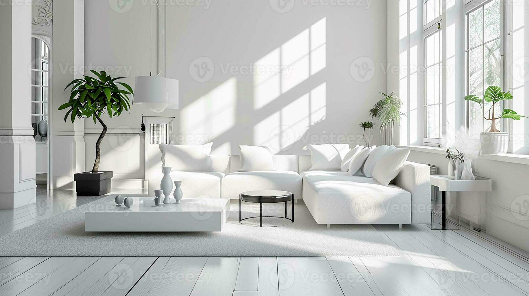 ai gegenereerd wit leven kamer interieur ontwerp met sofa minimaal esthetisch 3d weergegeven foto