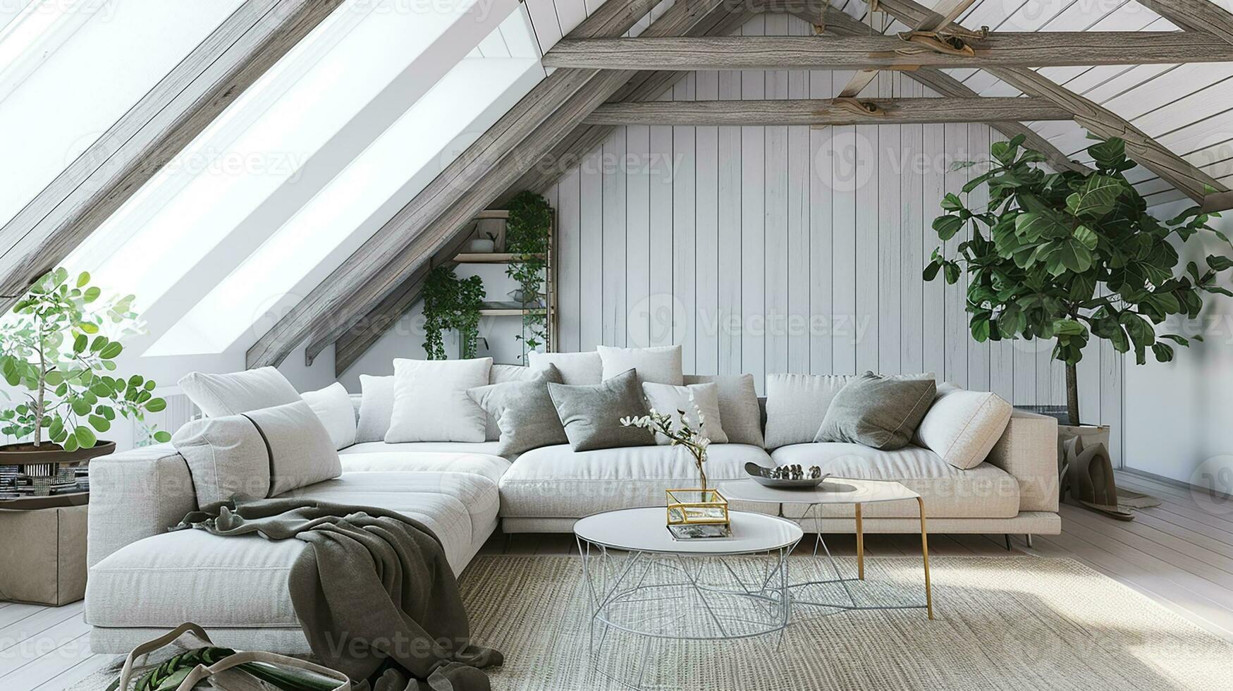 ai gegenereerd leven kamer interieur ontwerp met sofa minimaal esthetisch 3d weergegeven foto