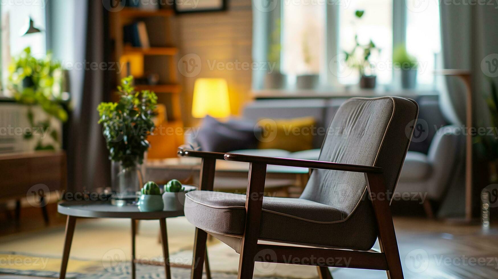 ai gegenereerd leven kamer interieur ontwerp met fauteuil minimaal esthetisch 3d weergegeven foto