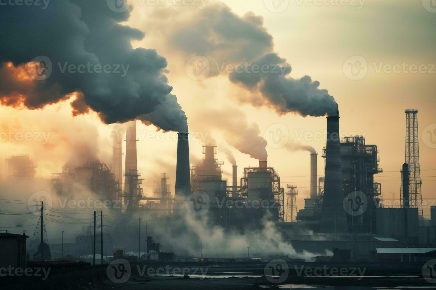 ai gegenereerd chemisch fabriek met rook stapel. emissie van pijpen. ecologie en milieu bescherming problemen. lucht vervuiling. foto