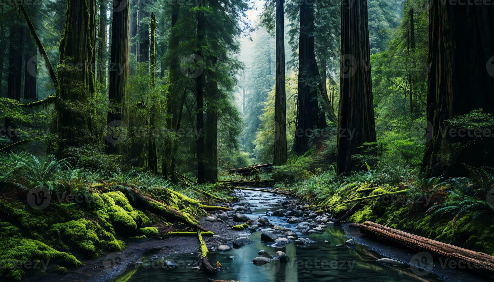 ai gegenereerd een pad door de bossen met hoog bomen foto