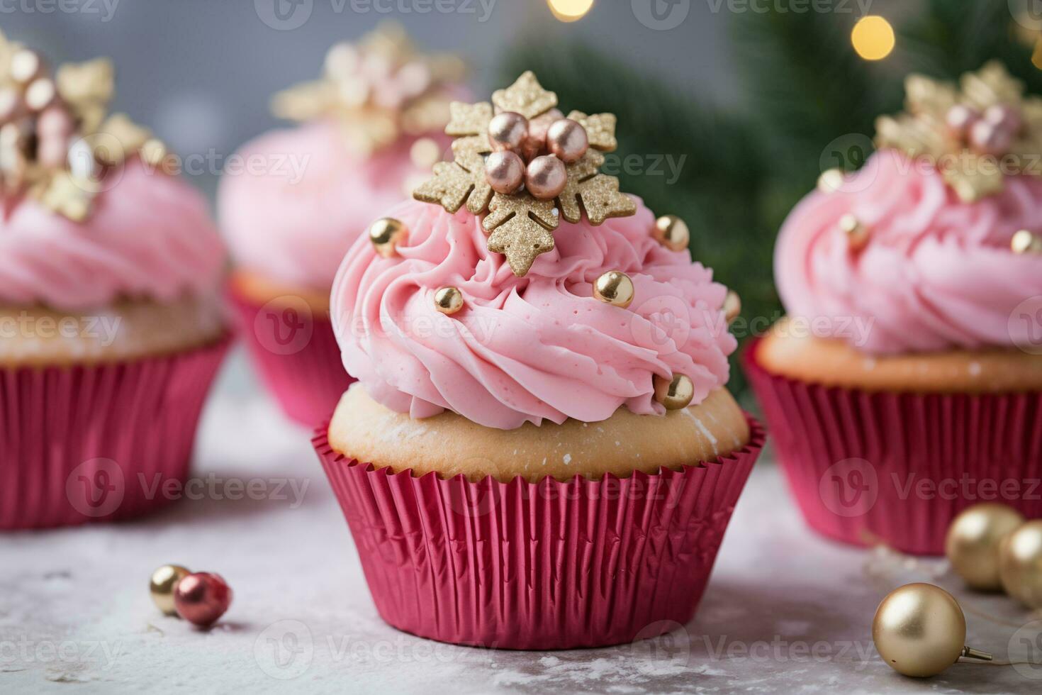 ai gegenereerd Kerstmis cupcakes of muffins met roze room, over- de Spar boom takken achtergrond. foto