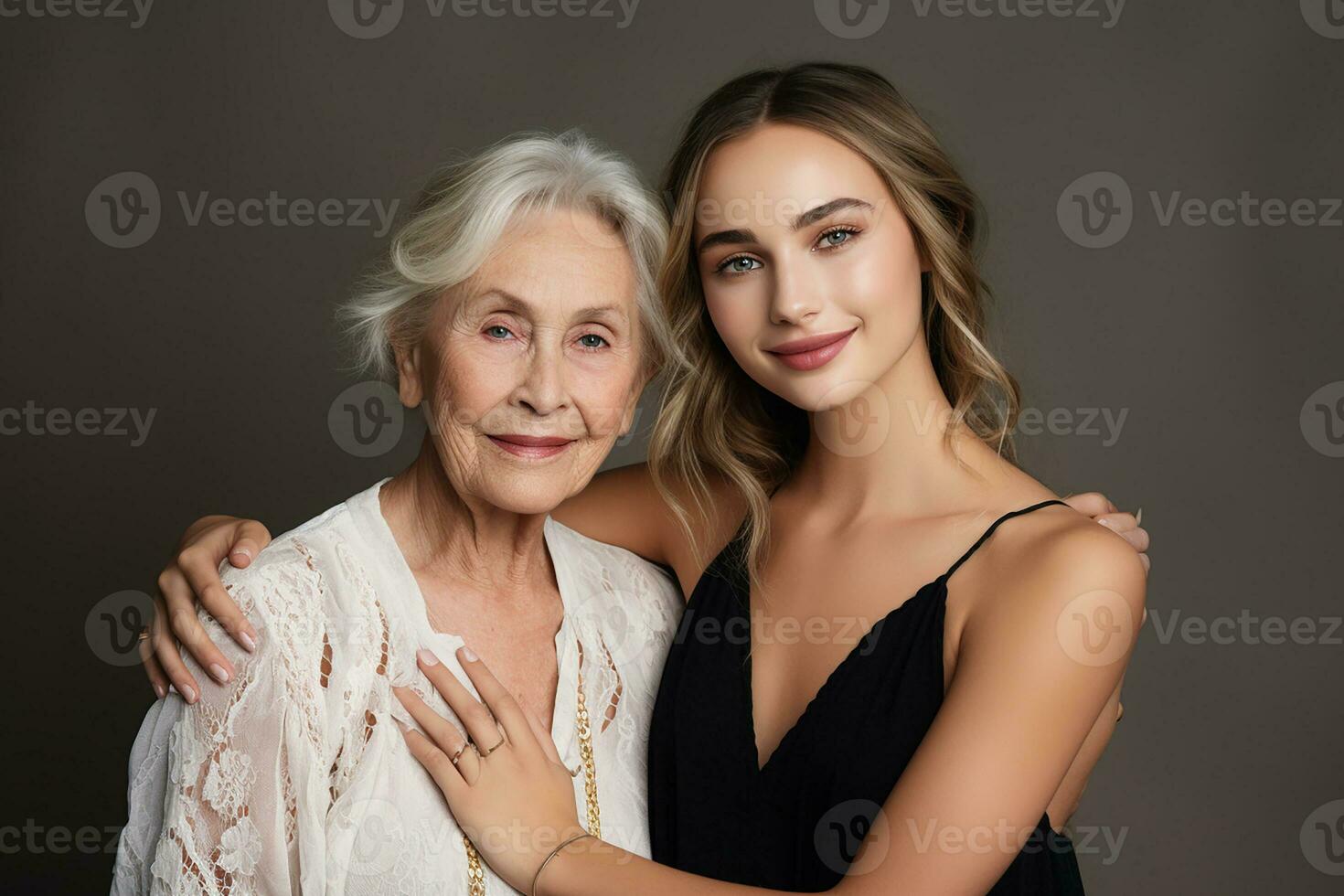 ai gegenereerd portret van jong vrouw met haar volwassen moeder Aan geïsoleerd achtergrond foto